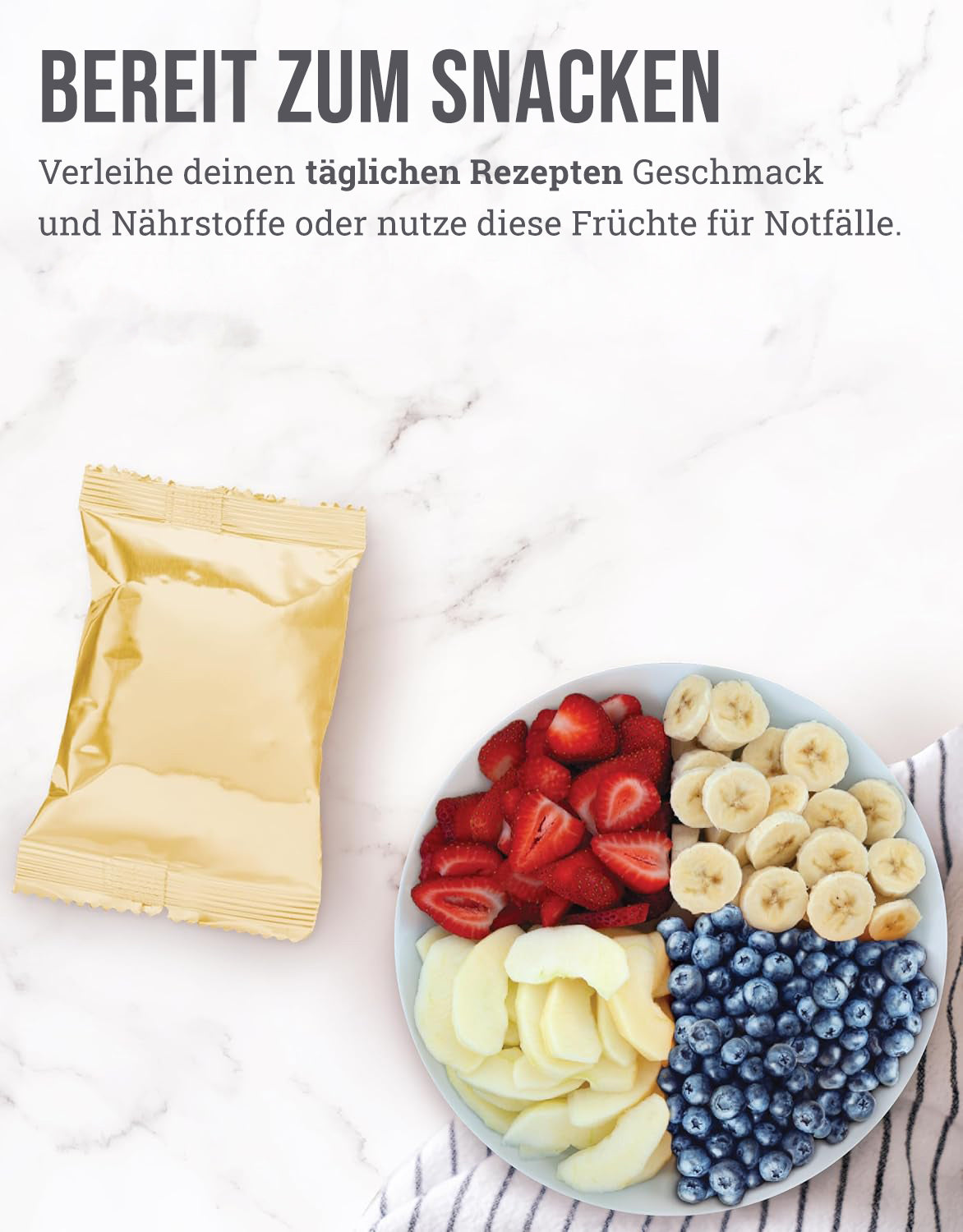 Eimer mit 120 Portionen gefriergetrockneten Früchten, bis zu 20 Jahre haltbar