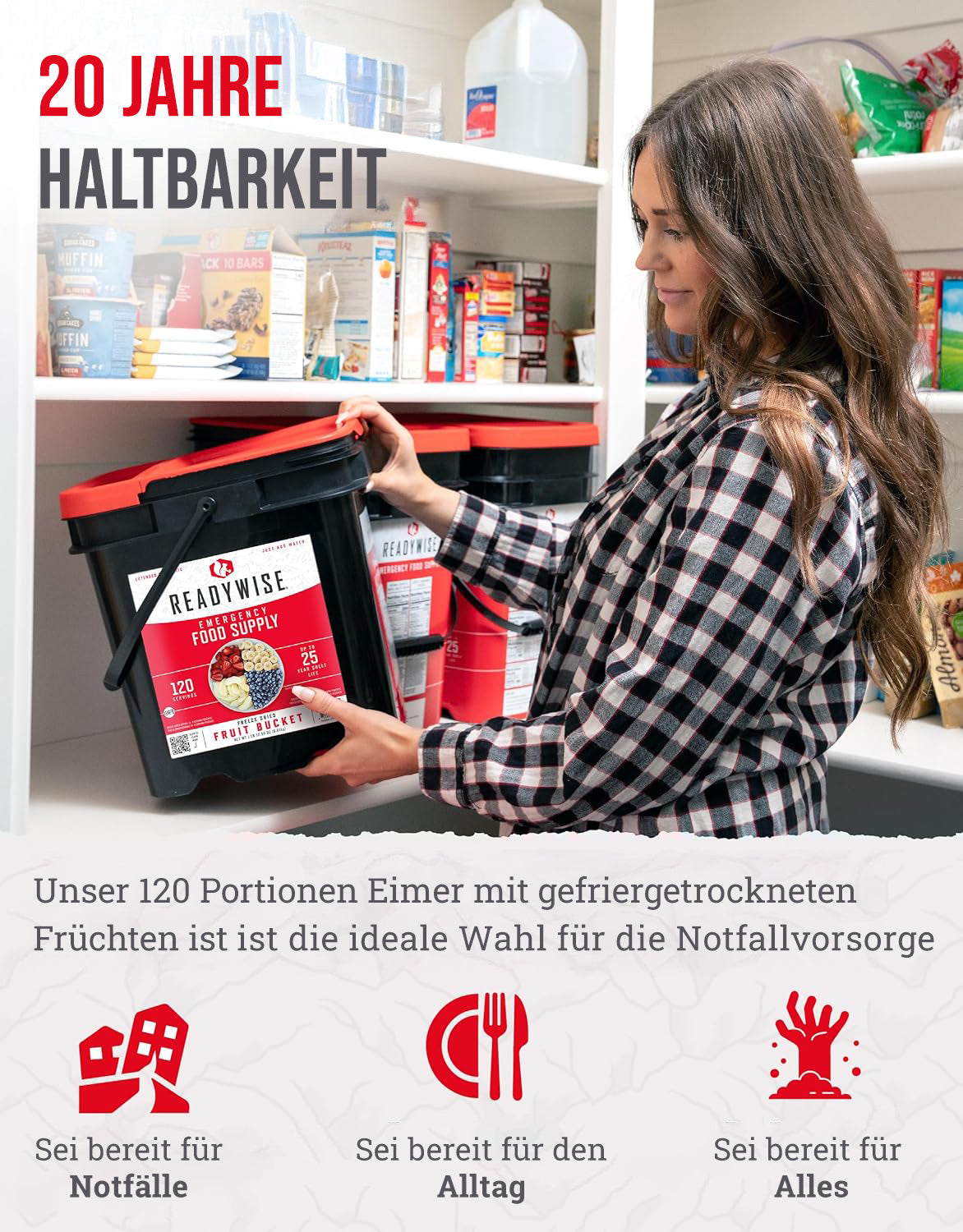 Eimer mit 120 Portionen gefriergetrockneten Früchten, bis zu 20 Jahre haltbar