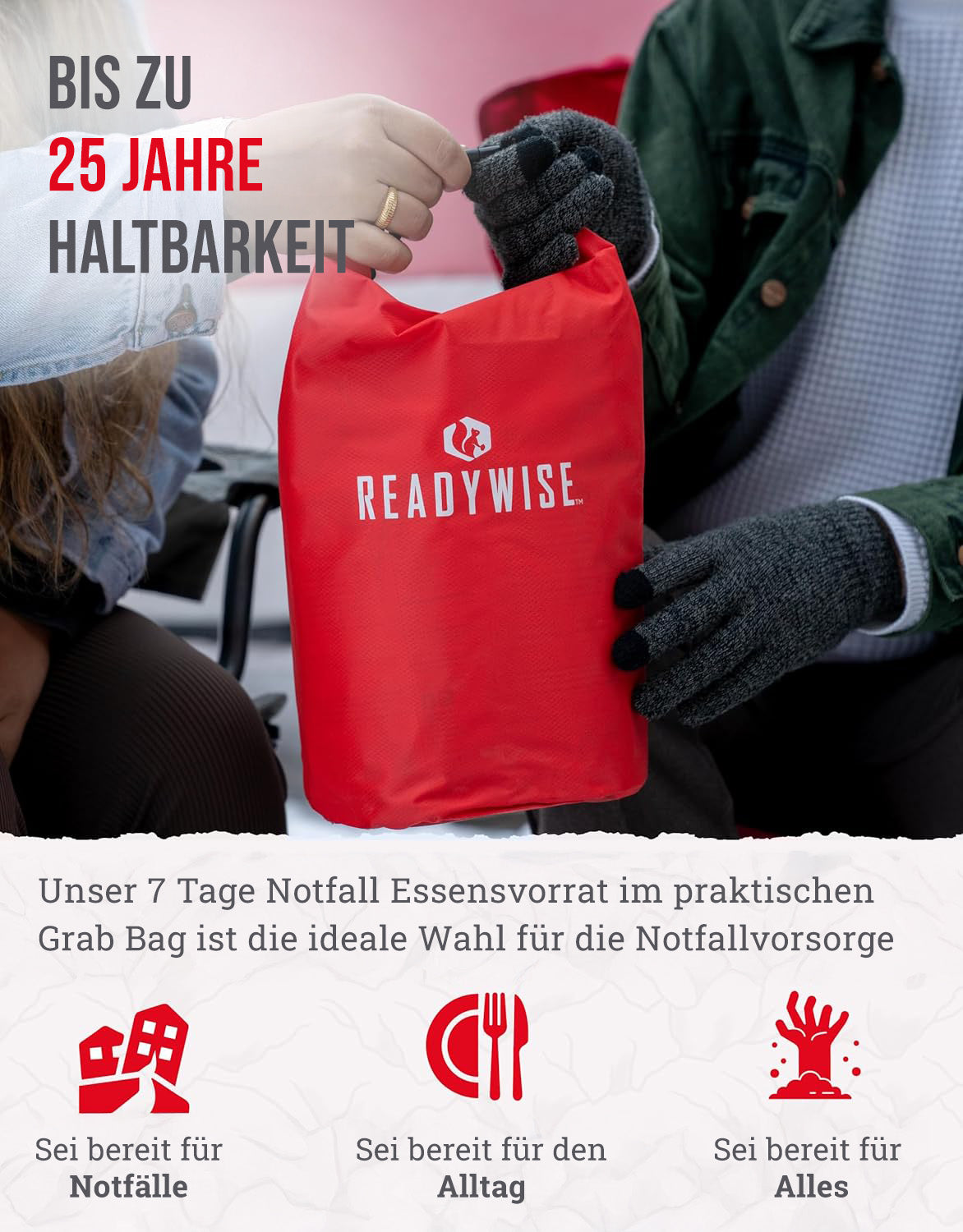Gefriergetrocknetes Frühstück und Hauptgericht für 60 Portionen, DryBag, bis zu 25 Jahre
