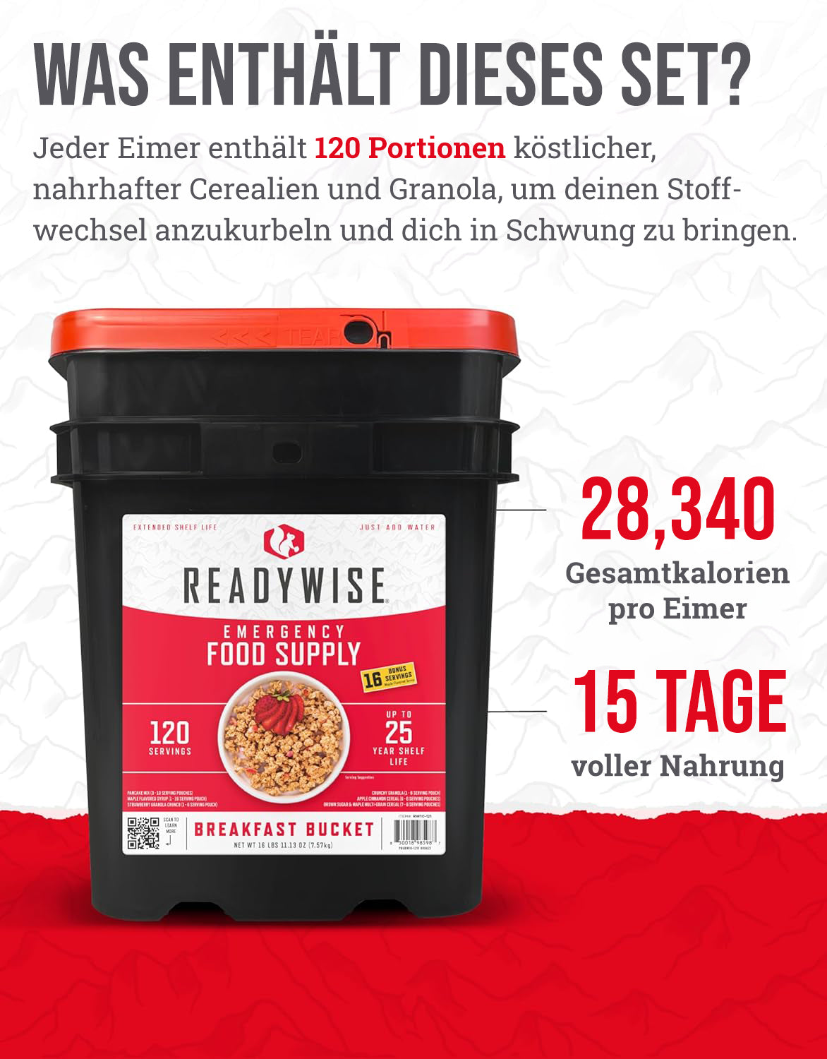 120 Frühstücks-Portionen, gefriergetrocknete vegetarische Mahlzeiten, bis zu 25 Jahre