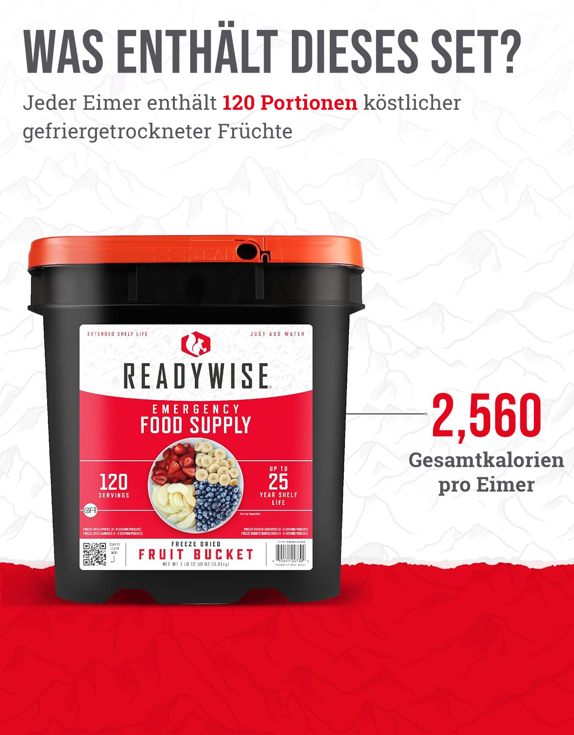 Eimer mit 120 Portionen gefriergetrockneten Früchten, bis zu 20 Jahre haltbar