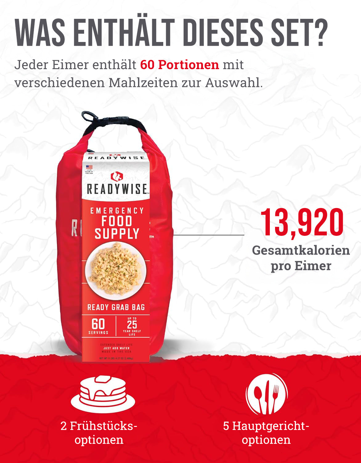 Gefriergetrocknetes Frühstück und Hauptgericht für 60 Portionen, DryBag, bis zu 25 Jahre