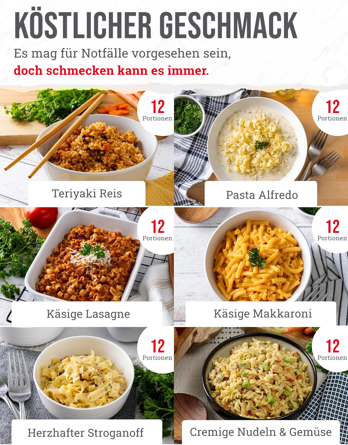 Hauptgericht für 120 Portionen, gefriergetrocknete vegetarische Gerichte, bis zu 25 Jahre