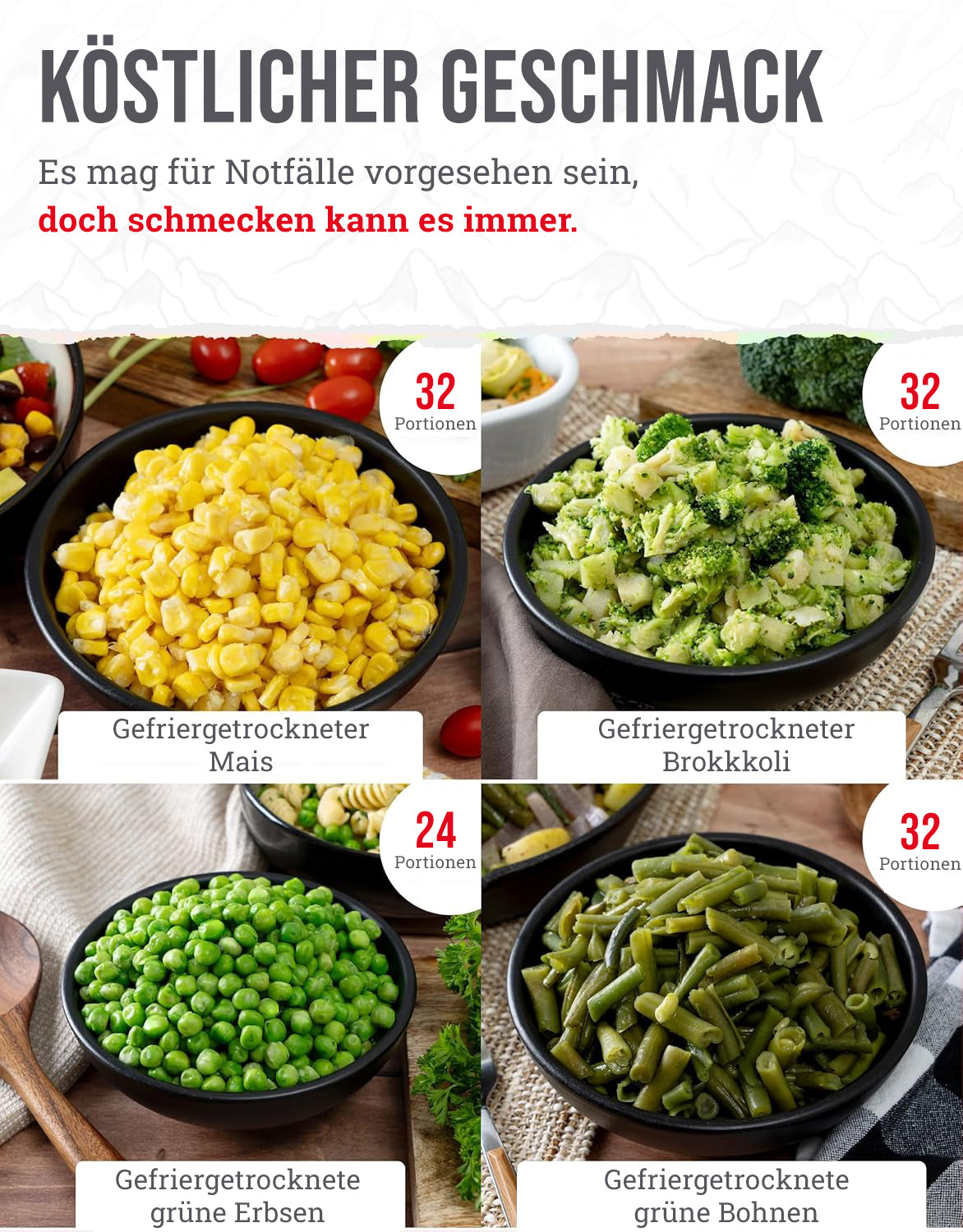 Eimer mit gefriergetrocknetem Gemüse für 120 Portionen, bis zu 25 Jahre haltbar