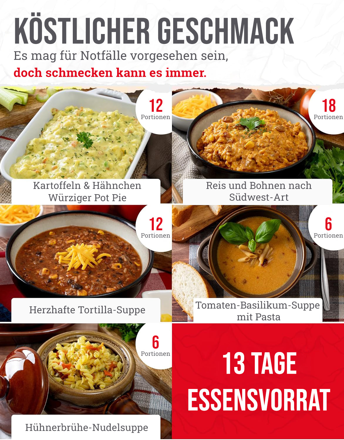 Hauptgericht für 120 Portionen, gefriergetrocknete vegetarische Gerichte, bis zu 25 Jahre