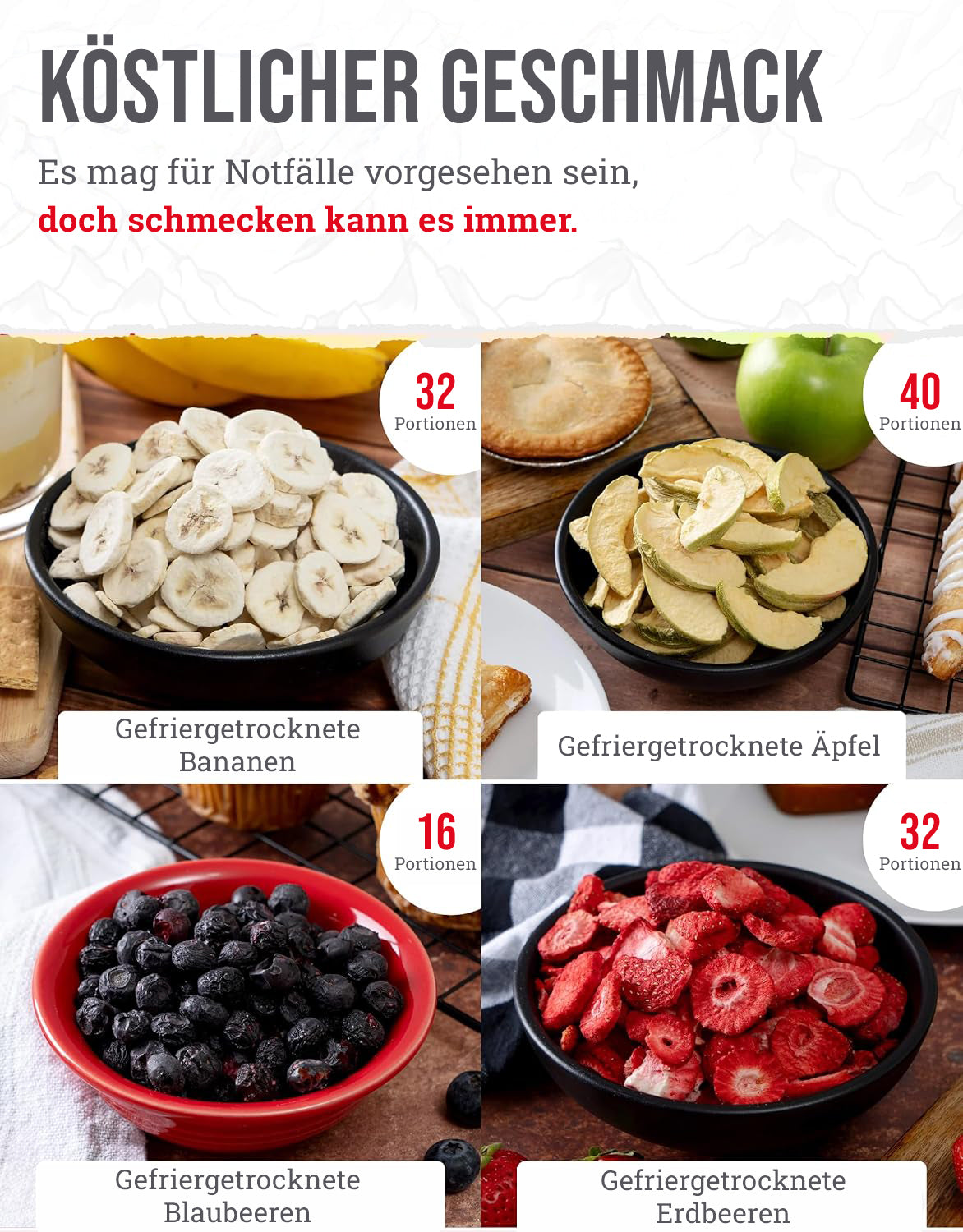 Eimer mit 120 Portionen gefriergetrockneten Früchten, bis zu 20 Jahre haltbar