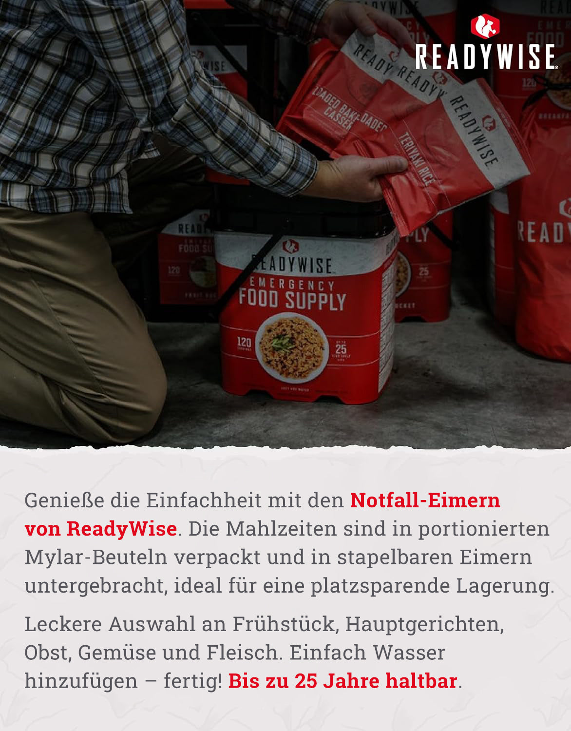 Eimer mit gefriergetrocknetem Gemüse für 120 Portionen, bis zu 25 Jahre haltbar