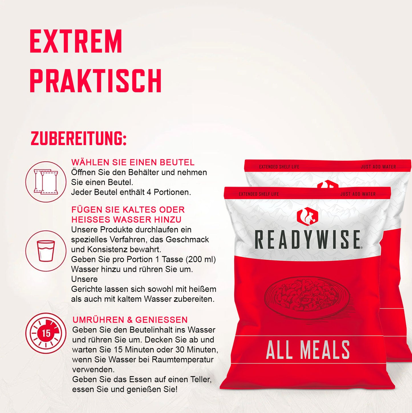 80 Portionen Fleisch mit Reis, Vorratspackung, gefriergetrocknet, bis zu 15 Jahre haltbar