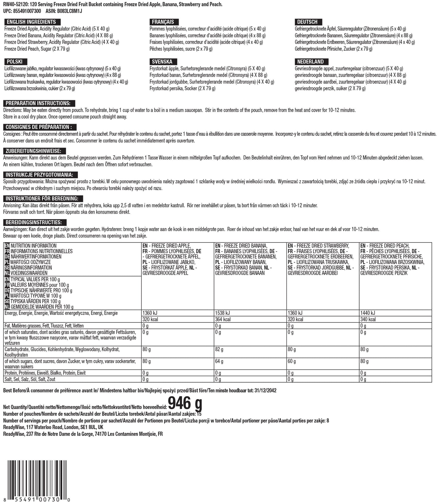 120 Portionen Früchte, Vorratspackung, gefriergetrocknet, bis zu 25 Jahre haltbar