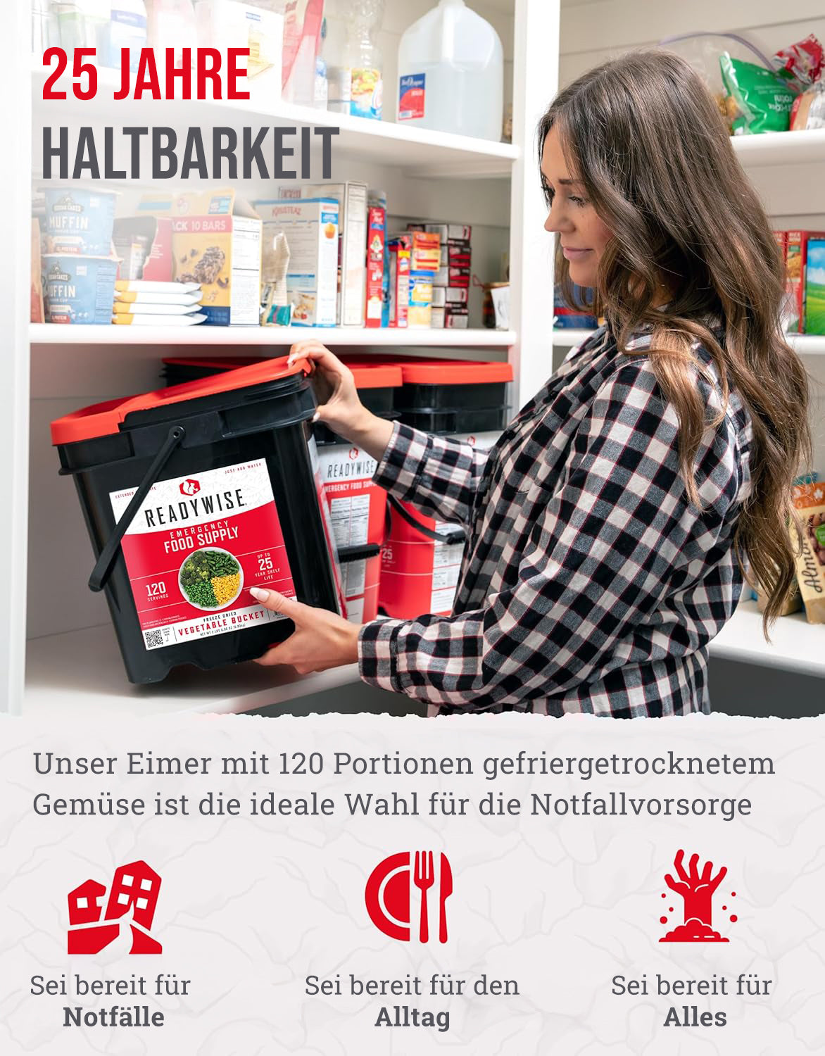 Eimer mit gefriergetrocknetem Gemüse für 120 Portionen, bis zu 25 Jahre haltbar