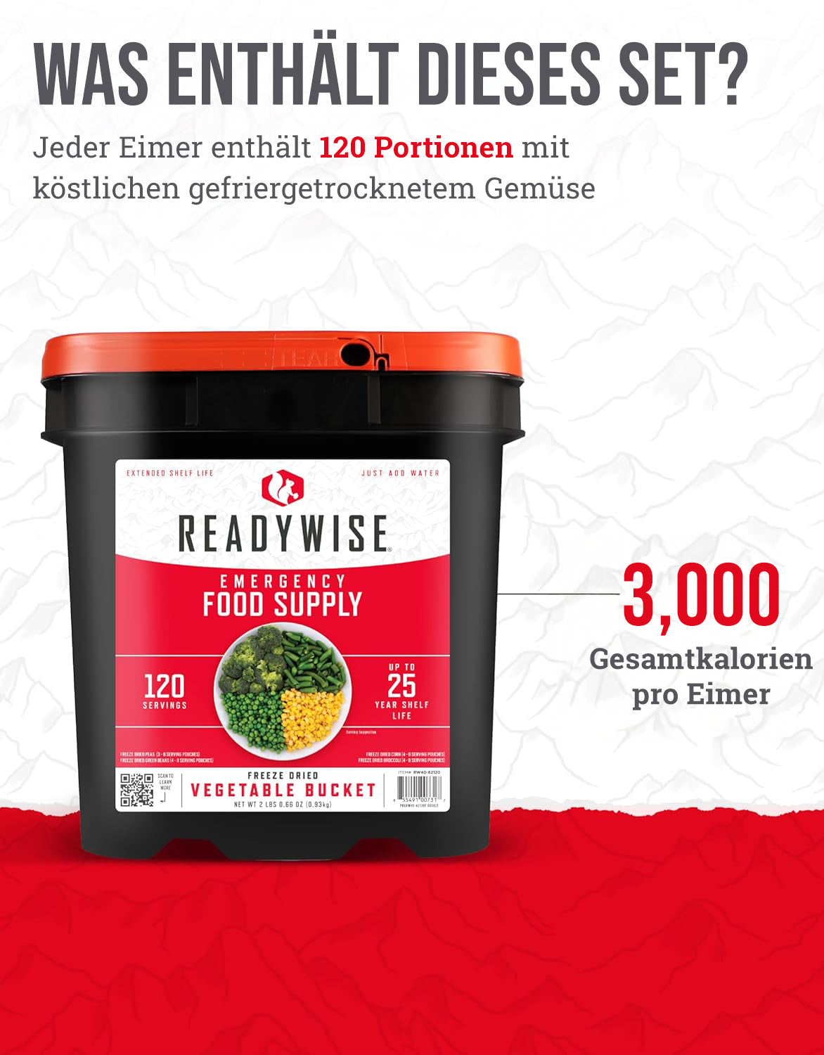 Eimer mit gefriergetrocknetem Gemüse für 120 Portionen, bis zu 25 Jahre haltbar