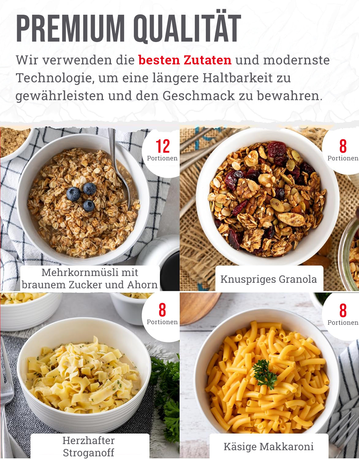 60 Portionen, Frühstück und Hauptgericht, gefriergetrocknet, bis zu 25 Jahre haltbar