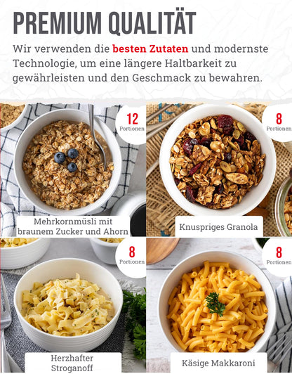 60 Portionen, Frühstück und Hauptgericht, gefriergetrocknet, bis zu 25 Jahre haltbar