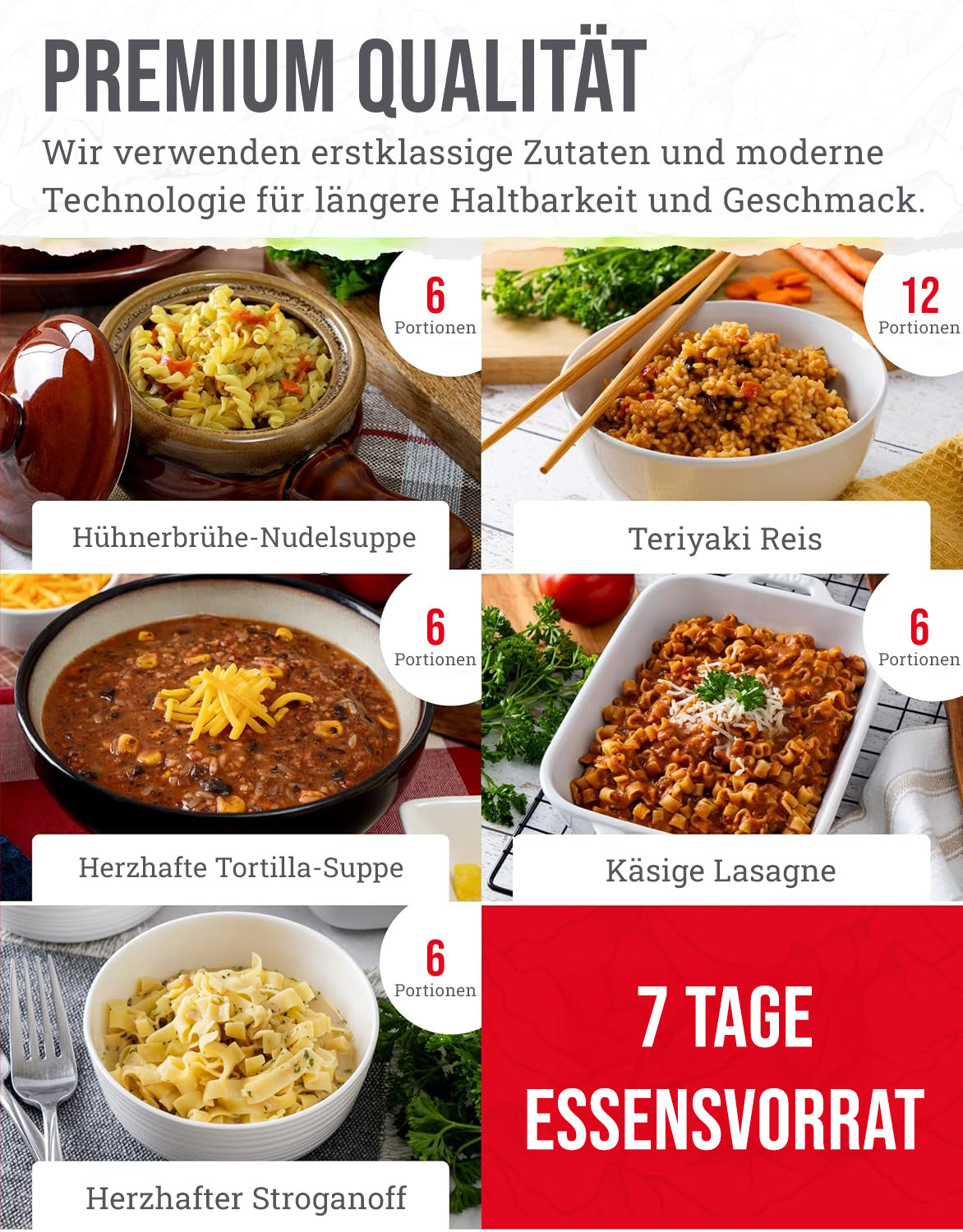 Hauptgericht für 60 Portionen, gefriergetrocknete vegetarische Gerichte, bis zu 25 Jahre