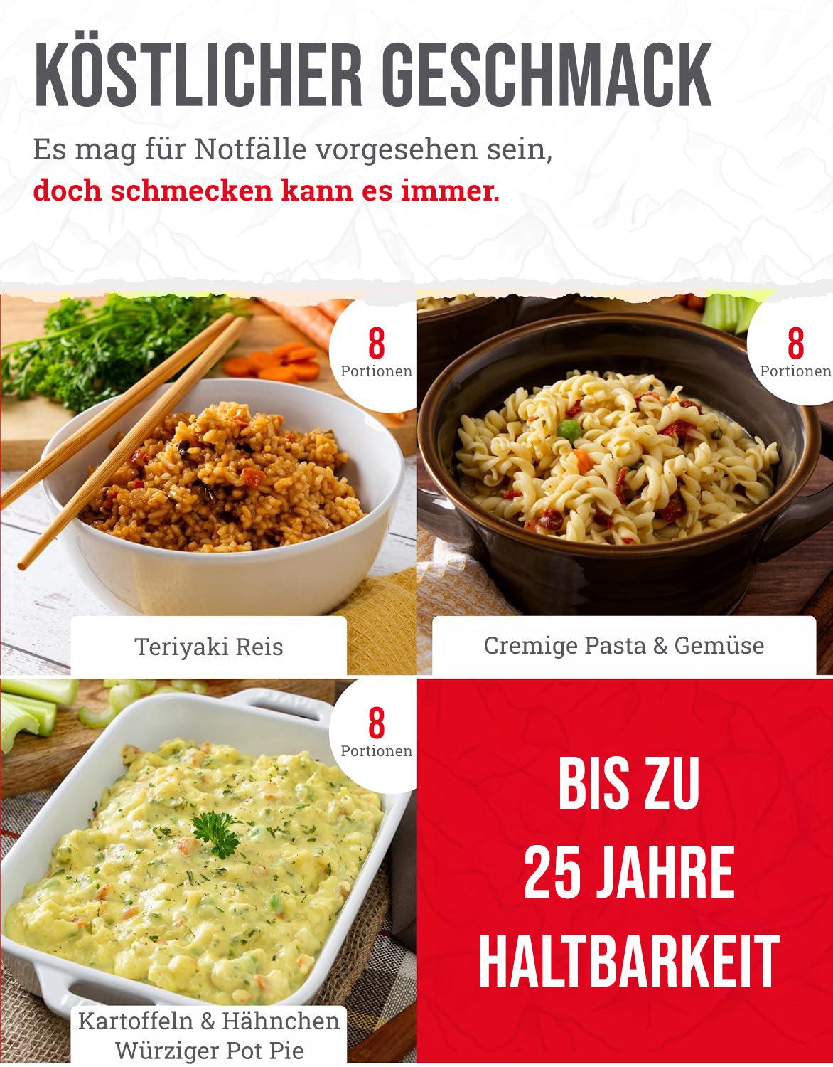 60 Portionen, Frühstück und Hauptgericht, gefriergetrocknet, bis zu 25 Jahre haltbar