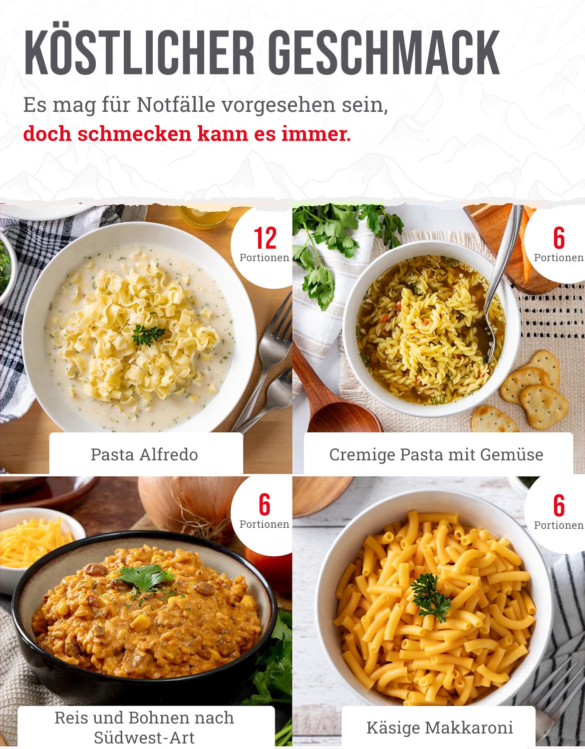 Hauptgericht für 60 Portionen, gefriergetrocknete vegetarische Gerichte, bis zu 25 Jahre