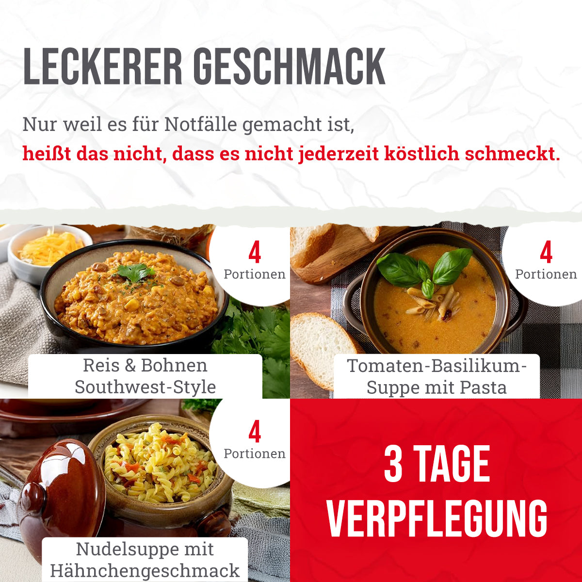 Gefriergetrocknetes Frühstück und Hauptgericht für 28 Portionen, DryBag, bis zu 25 Jahre