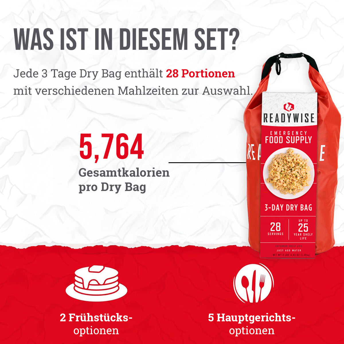 Gefriergetrocknetes Frühstück und Hauptgericht für 28 Portionen, DryBag, bis zu 25 Jahre